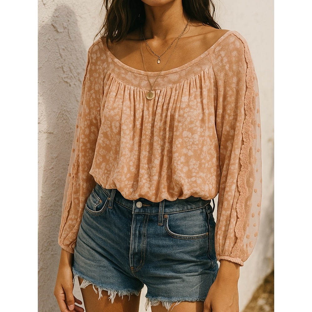 Gimmick BKE sz L Womens Pink Sheer Puff Sleeve Lace Keyhole Back Blouse Top Boho